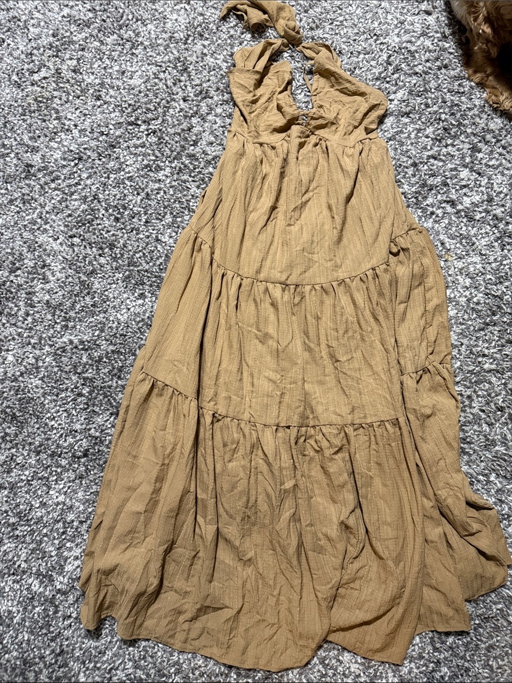 Boho Tiered Halter Maxi Dress — Mustard Brown